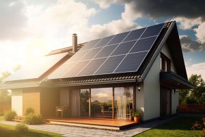 Haus mit Solarmodulen in Abendstimmung
